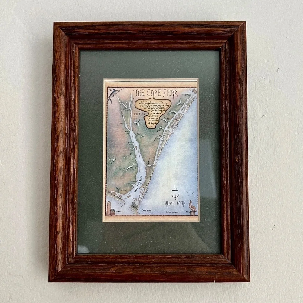 Small Vintage Cape Fear Wilmington Map Table Top Art Map with Wood Frame Decor